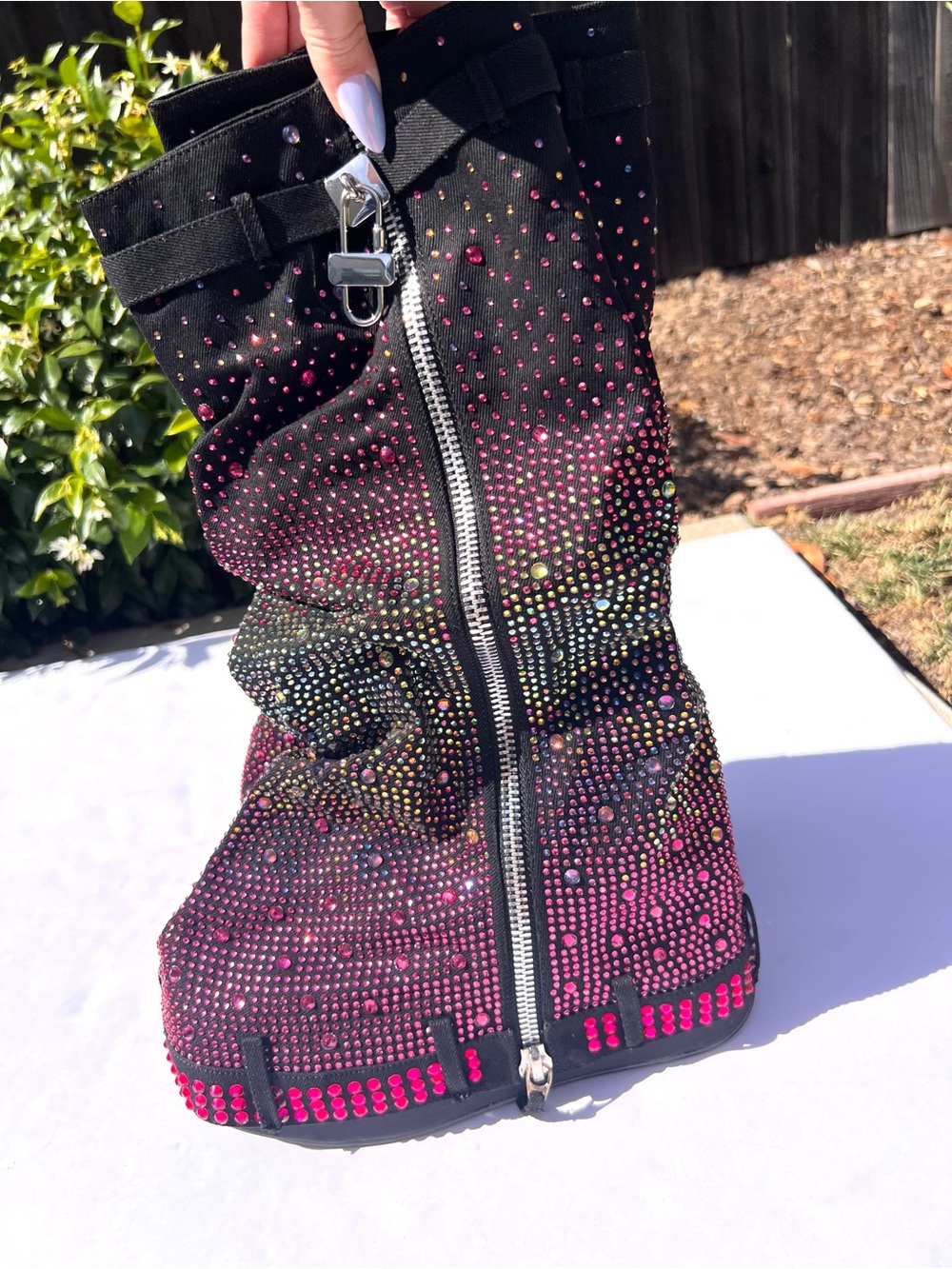 Rainbow Rave Boots Black Denim w/ Zipper. 5” Platform Wedge Ombre Rhinestones